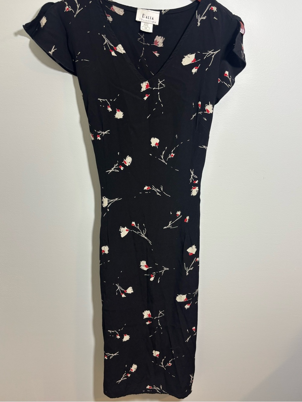 Vintage Black Floral 100% Rayon Midi Dress Y2K Dalia Collection Size 10